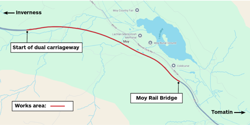 Map depicting the roadworks between Moy Rail Bridge and dual carriageway