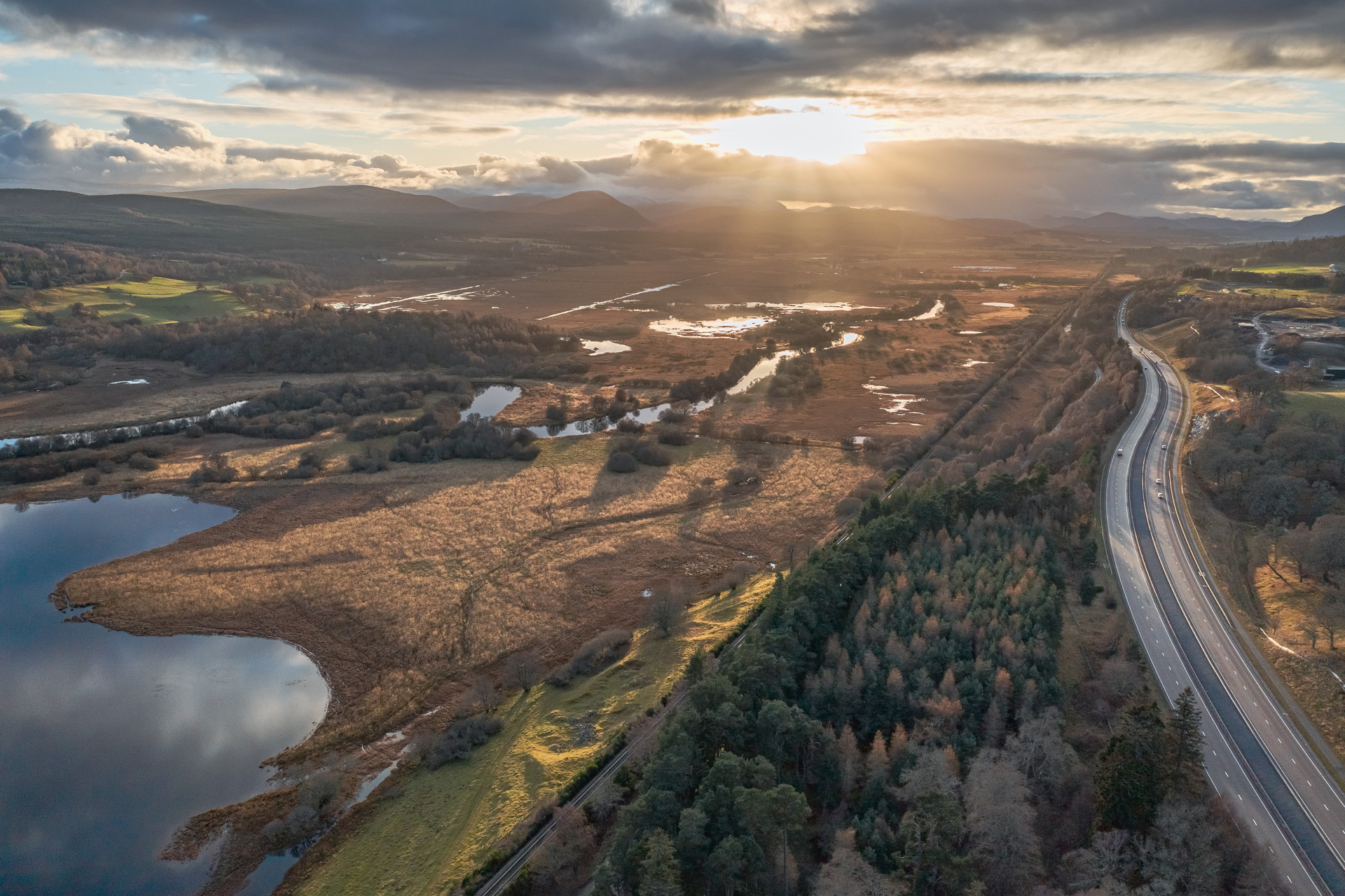 Background image - A9 Highland Main Line Loch Insh Sunset November 2019